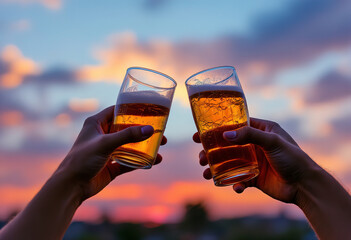 Two hands holding glasses of beer or cocktail against a sunset sky