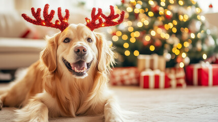 Golden Retriever, Santa Claus hat, reindeer antlers headband, festive dog, holiday spirit, Christmas pet, adorable puppy, holiday costume, cheerful vibe, festive accessories, playful dog, Christmas