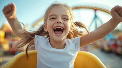 Pure Joy at the Amusement Park: A little girl's ecstatic laughter and raised arms capture the thrill of a rollercoaster ride, embodying carefree childhood fun.