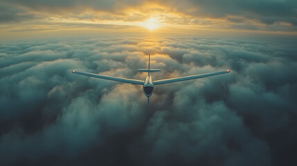 airplane glides above thick clouds during a golden sunset, casting a serene and atmospheric view of the sky. Represents freedom, adventure, and exploration.