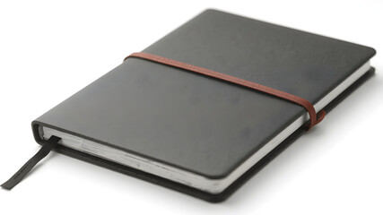 A closed black hardcover notebook with an elastic band, isolated on white