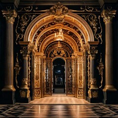 Golden and Black Baroque Style Portal: Palace Interior Design, Generated AI