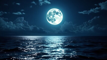 Romantic and scenic panorama with full moon on sea to night
