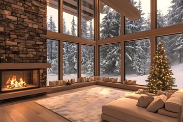 Fototapeta premium Cozy Winter Cabin Interior with Fireplace and Christmas Tree