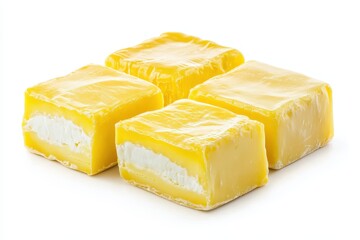 Square yellow French cheese with white mold either soft Pont l Évêque or Maroilles on a white background