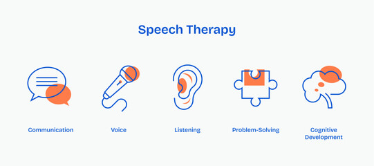 Speech therapy icons depict communication, listening, and cognitive development. Duotone style icons.