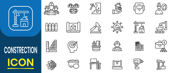 Construction line icons set. Build and House construction icon, vector set. Home repair tools icons collection. Construction tools, builders, project, build, equipment symbols. Vector illustration.