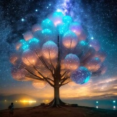 고요한 분위기, 거대한 나무 주변 다채로운 데코레이션, 멋진 밤하늘 일러스트