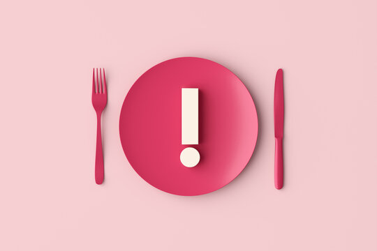 Exclamation mark on a pink plate with fork and knife on pink background