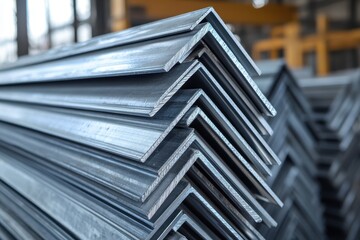 Steel angle iron in bulk galvanized available at the metal products warehouse and industrial stockyard for industrial applications