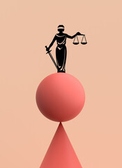 Themis goddess of justice balancing on unstable shape minimalist composition