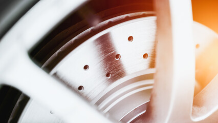 New German made Drilled Brake Rotor Closeup on Vehicle Wheel