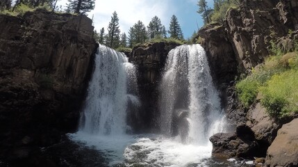 Obraz premium Majestic Twin Falls Cascading Through Rugged Terrain: A Breathtaking Nature Scene in Oregon