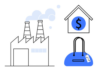 Industrial factory emitting smoke, house with dollar sign, and blue handbag with price tag. Ideal for economics, industry, finance, retail, consumerism housing market and manufacturing. Line