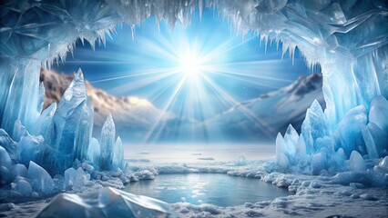 Serene Glacial Vista Sunlit Ice Cave Opening to Frozen Lake and Distant Mountains