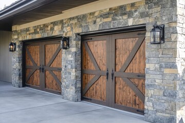 Stone veneer sided garage with three side hinged doors