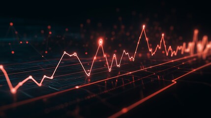 Abstract stock market glowing line with a single dotted point, glowing softly in red, plain black background 