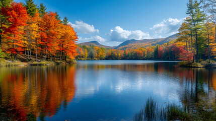 Fototapeta premium serene lake reflects vibrant autumn trees under a clear blue sky, showcasing the beauty of fall colors in a peaceful, natural landscape.
