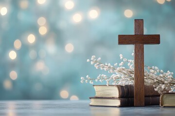 Table with a wooden cross religious texts and willow branches against a soft background Represents Orthodox Palm Sunday Easter and Christian faith
