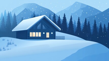 Fototapeta premium Cozy Cabin in a Snowy Mountain Landscape