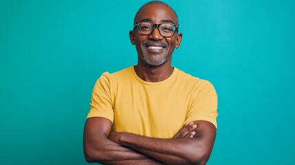 Obraz premium Smiling man standing arms crossed teal background portrait illustration.