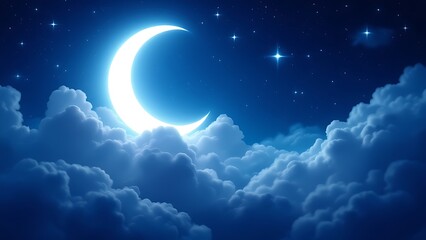 Romantic Moon In Starry Night Over Clouds