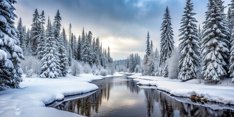 Serene Winter River Scene Snow-Covered Evergreens Reflecting in Calm Water