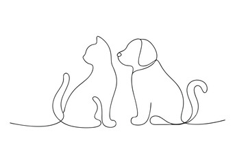 Continuous One-Line Drawing of Cat and Dog - Minimalist Pet Companionship Art
