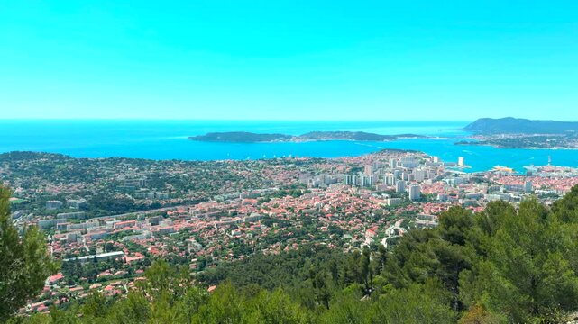 Panoramic View Of Downtown Toulon And Mediterranean Sea From Mount Faron In France. - pan shot