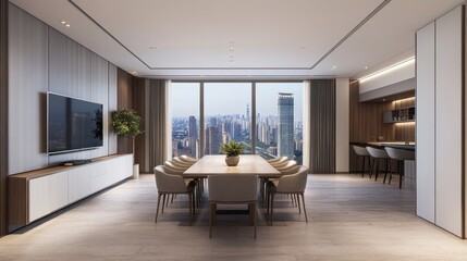 Fototapeta premium Modern dining room with city view, large windows, and minimalist design.
