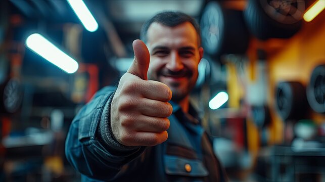 Mechanic Gives Thumbs Up In His Workshop