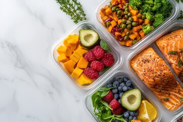 Healthy meal prep containers arranged on marble surface colorful ingredients showcasing balanced diet kitchen environment aesthetic flat lay view for meal preparation enthusiasts