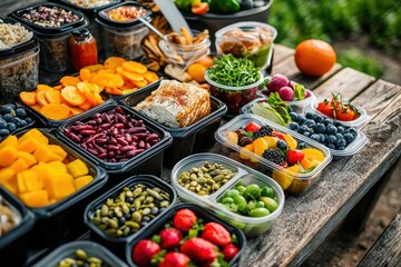 Obraz premium Colorful meal prep picnic table spread outdoor setting food photography vibrant environment aesthetic viewpoint healthy eating concept
