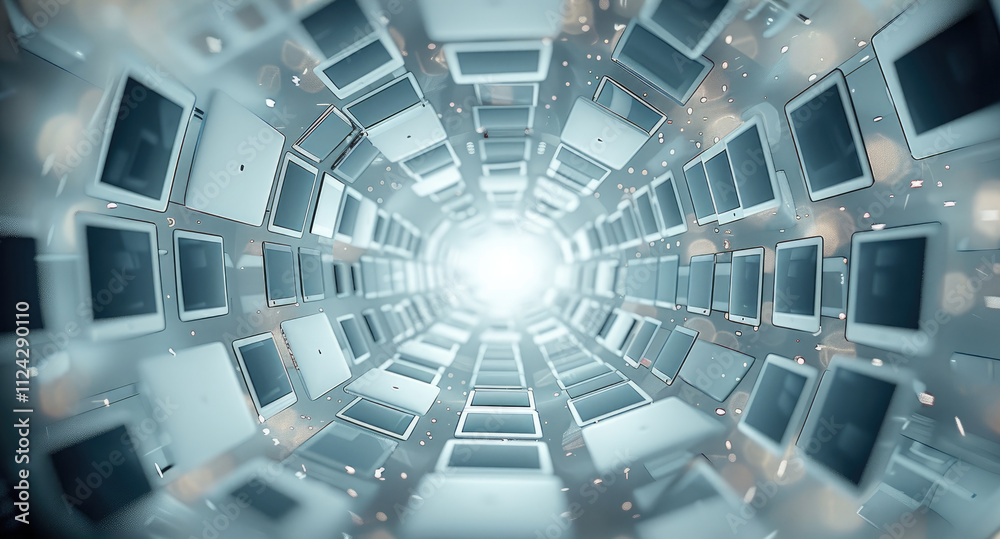 Aufkleber in the center of an abstract white space, there are many laptops floating in mid air, surrounded by 