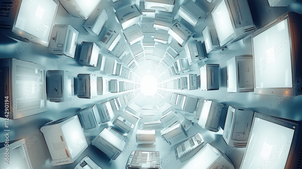 Aufkleber in the center of an abstract white space, there are many laptops floating in mid air, surrounded by 