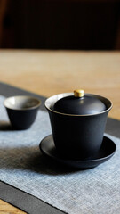 An Elegant Black Tea Set Displayed on a Minimalist Dining Table, Perfect for Afternoon Tea