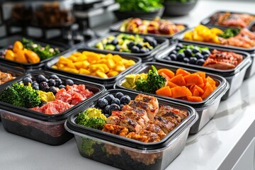 Obraz premium Meal prep containers organized on a kitchen counter healthy meals displayed in neat grid modern culinary environment healthy eating concept for meal prep enthusiasts