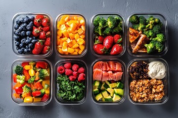 Meal prep containers organizing healthy ingredients in a modern kitchen top-down view for meal prep success and food storage ideas