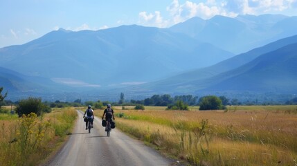 Bicycle hiking travel in the mountains illustration generated by ai