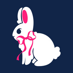 Easter cute white rabbit with pink bow. Illustration in ballet coquette core style on dark blue background. Print for children's women's clothing.