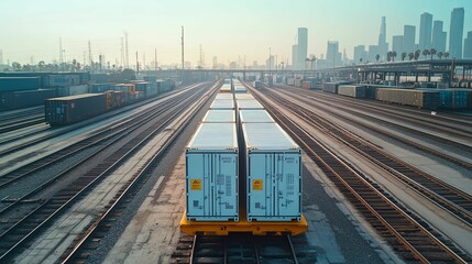 Fototapeta premium Freight Train Carriages Transporting Cargo Through City