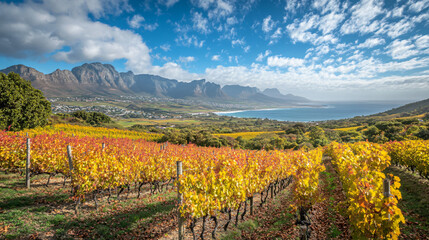 Vibrant autumn vineyard with grapevines adorned in golden leaves, overlooking a vast valley with hills in the distance
