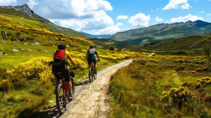 Bicycle hiking travel in the mountains illustration generated by ai