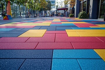 The surface features an attractive pattern of brightly colored rubber tiles