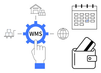 Finger pointing at WMS within a gear surrounded by warehouse, shopping cart, calendar, globe, and wallet. Ideal for logistics, inventory control, e-commerce, global trade payment systems