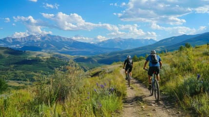 Bicycle hiking travel in the mountains illustration generated by ai