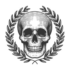 Obraz premium human skull framed by a laurel wreath and decorative ribbon, symbolizing victory and mortality sketch engraving generative ai raster illustration. Scratch board imitation. Black and white image.