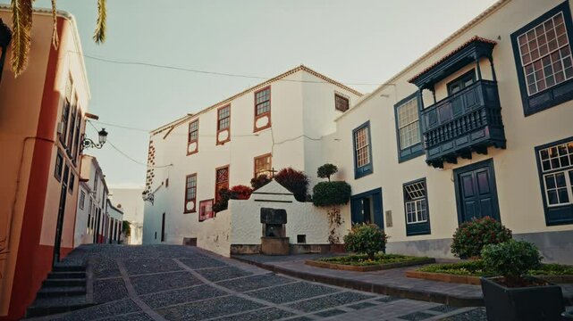 Panoramic view of the streets Santa Cruz de la Palma downtown in La Palma. View of the colonial buildings and empty street.