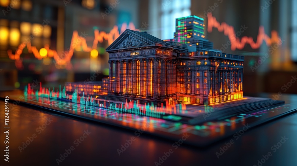 Poster 3d model of a financial building with data visualizations.