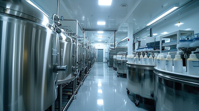 The interior of the high-tech production plant for cosmetics features stainless steel tanks and machinery in an industrial setting with white walls and grey floors.